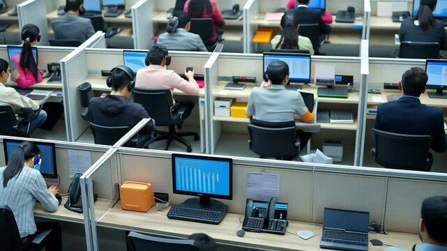 Aerial View of Office Workers Collaborating in Cubicles During the Day Generative AI