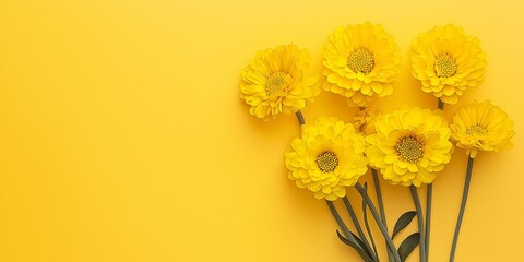 Fototapeta premium An arrangement of bright yellow flowers stands out against a plain yellow background, creating a cheerful, minimalist scene.