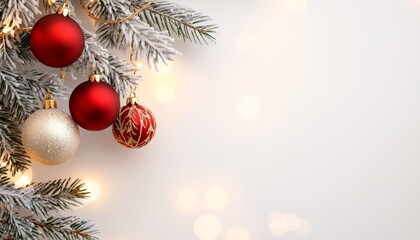 Obraz premium A minimalist holiday scene with red and gold ornaments hanging from snowy evergreen branches, set against a softly glowing background of festive lights.