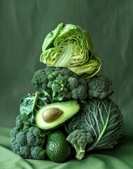 Obraz premium Fresh green vegetables stacked artistically against a soft green background