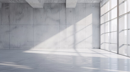 Obraz premium Blank wall in a bright concrete office with large windows; 3D mockup rendering