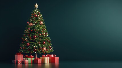Fototapeta premium Tall Christmas tree with gifts underneath, festive scene, 3D illustration