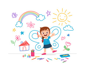 little kid drawing on wall with paint and feel happy