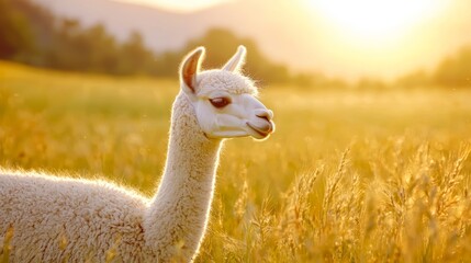 Obraz premium A peaceful alpaca happily grazing in a sunlit meadow, its ears perked up, symbolizing the serenity and joy of rural farm life.