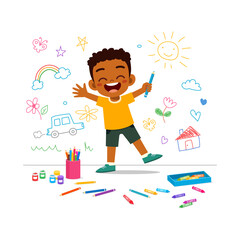 little kid drawing on wall with paint and feel happy