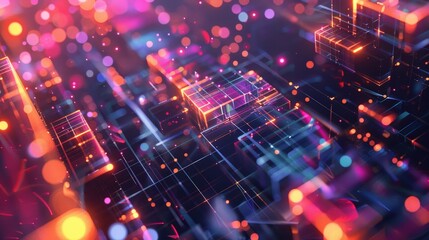 This abstract technology background displays a series of overlapping geometric shapes with a glowing effect.