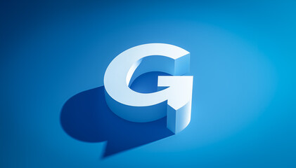 Fototapeta premium Isometric letter G with a shadow effect, rendered in 3D on a blue gradient, offering a modern look ideal for digital content or brand representation.