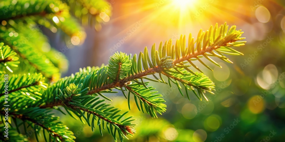 Poster Close up of coniferous branch with sunlight bokeh, creating a refreshing calm peaceful summer or spring nature background