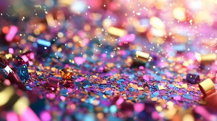 3D Close-Up of Shimmering New Year 2025 Confetti in Various Shapes and Colors - Festive Macro Shot with Textures and Reflections