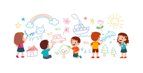 little kid and friend drawing on wall with paint and feel happy