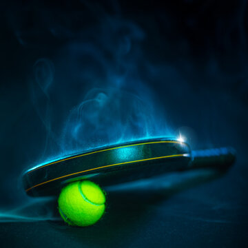Padel tennis racket. Background with copy space. Sport court and ball. Social media design.