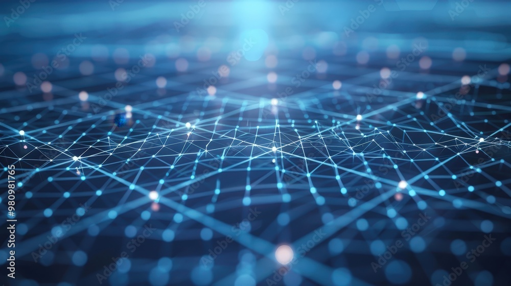 Poster this abstract technology background features a grid of digital nodes and interconnected lines.