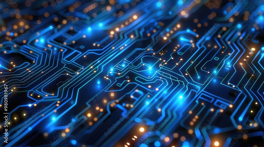 Poster this abstract technology background features an intricate network of illuminated circuit paths and d