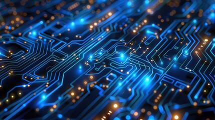 This abstract technology background features an intricate network of illuminated circuit paths and data points.