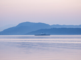 Ferry, Norway, boat, ship, sunset, fjord, water, traffic, sea, nature, ocean, evening, mountains