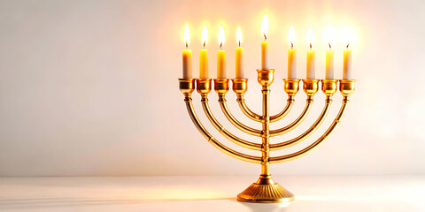 Fototapeta premium Futuristic 3D Glowing Menorah with Abstract Candle Flames - Modern Digital Art for Hanukkah Ecommerce Banners, Medium Shot Focused Design