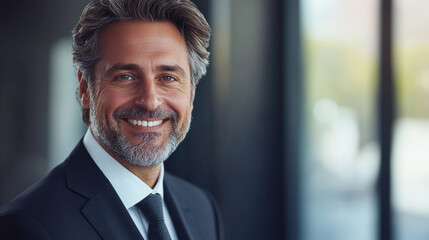 Fototapeta premium A mature businessman with charismatic smile exudes confidence and professionalism in sleek suit. His elegant demeanor reflects success and approachability