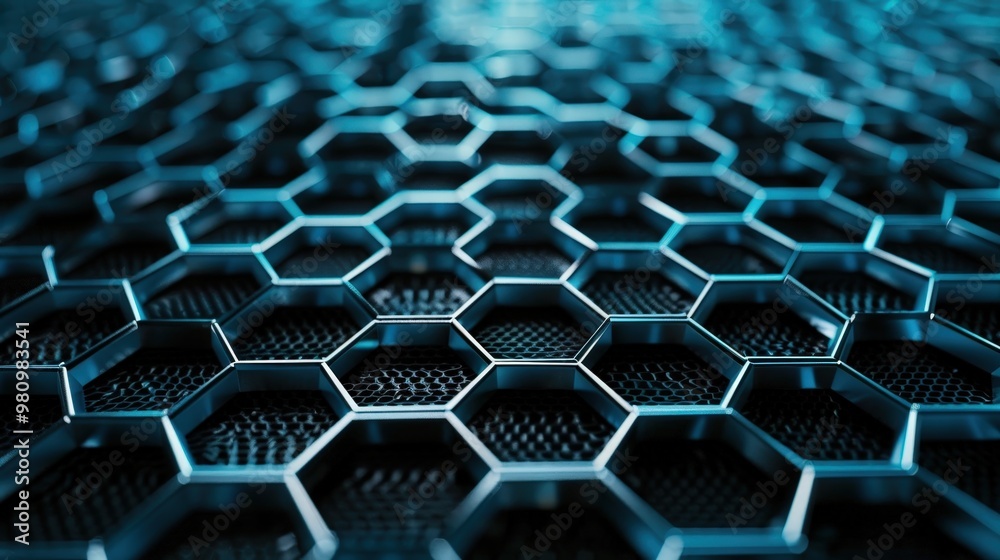Poster this abstract technology background showcases a mesh of digital hexagons and interconnected lines.