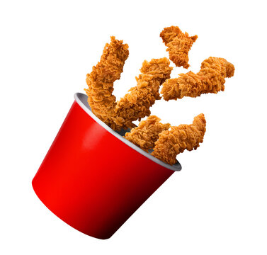 Title: Fried Chicken hot crispy strips crunchy pieces of tenders in a Bucket - large Red box isolated in white background