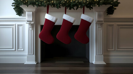3D Santa Hanging Stockings on Glossy Fireplace Mantle - Cozy Room Concept with Copy Space for Holiday Decor and Festive Cheer