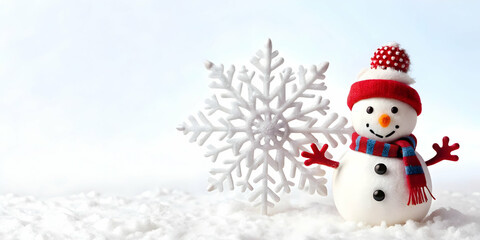 Fototapeta premium Flat Snowflake and Cheerful Snowman Decorative Border Design with Ample Copy Space for Winter Promotions and Holiday Invitations - Vector Illustration