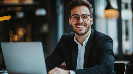 A young businessman with charismatic smile is working at laptop in modern office setting, exuding confidence and professionalism
