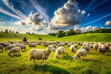 Fototapeta premium Serene pastoral scene featuring a lone white sheep standing out amidst a flock of grazing dark-coated sheep in