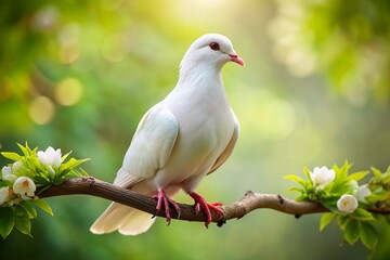 Obraz premium Serene white dove perched on a delicate branch, its gentle gaze and soft feathers evoking peace, hope, and