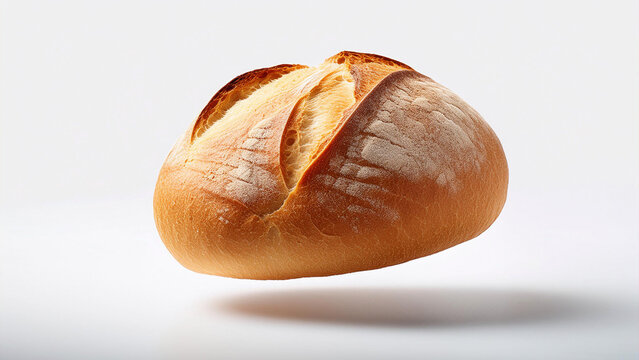 P&atilde;o de de trigo, frances, cacetinho,  quentinho flutuando em fundo branco isolado. Padaria, caf&eacute; da manh&atilde;. Panifica&ccedil;&atilde;o, padeiro.