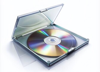 Shiny empty CD jewel case mockup with a reflective surface, open lid, and transparent tray, isolated on a
