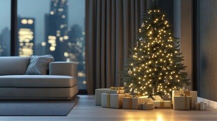 Obraz premium Christmas tree with lights, modern interior setting, 3D illustration