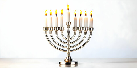 Fototapeta premium Futuristic Metallic Menorah with Glowing Hanukkah Candles: A Modern High-Tech Tribute in a Sleek Flat Vector Illustration