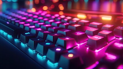 Fototapeta premium A keyboard with glowing keys, illuminated by a neon light