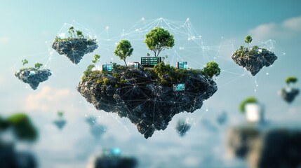 Floating islands connected by business networks, 3D illustration