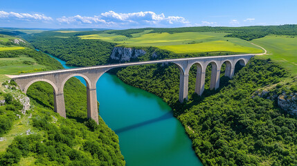 Stone Arch Bridge Over River Valley with Green Trees