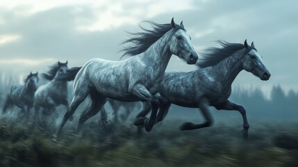 Naklejka premium Wild horses running across a field, dynamic movement, 3D illustration
