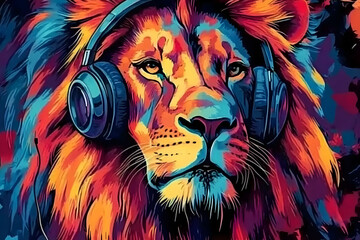 lion in the night with headphones