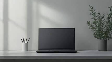 Fototapeta premium A modern laptop with a closed lid, resting on a minimalist desk