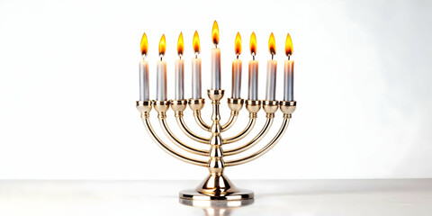 Fototapeta premium Futuristic Metallic Menorah with Glowing Hanukkah Candles - Modern High-Tech Flat Vector Illustration | Simple Design for Celebrating Tradition