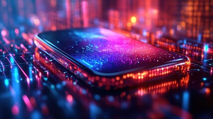 Futuristic Smartphone with Neon Lights and Data Flow