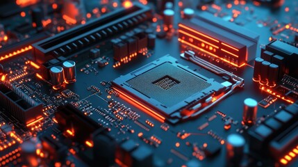 Fototapeta premium A motherboard with various components, including a CPU and RAM
