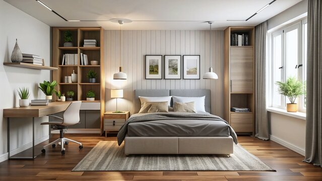Sleek modern bedroom features a queen-sized bed, nightstand, dresser, and desk arranged efficiently in a compact 8x12