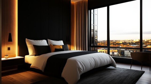 Modern bedroom with city view, featuring contemporary decor, floor-to-ceiling windows, and a cozy king-size bed with black and white bedding.