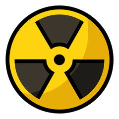 A bright yellow and black radioactive warning sign on a pure white background