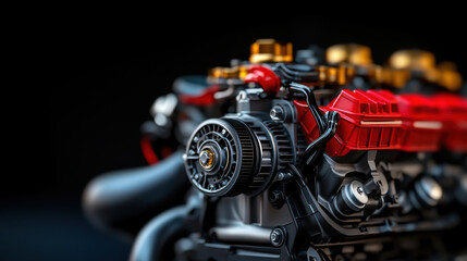 A detailed view of a high-performance car engine featuring red accents, symbolizing automotive power and engineering precision.