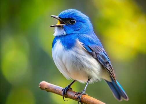 Small blue and white bird with distinctive crest and bold black eyes perched on a branch, feathers ruffled,