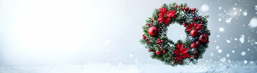 Create a Vector Illustration of Santa's Floating Christmas Wreath Defying Gravity with Lush Greenery and Festive Decorations on a White Background - Photo Stock Concept