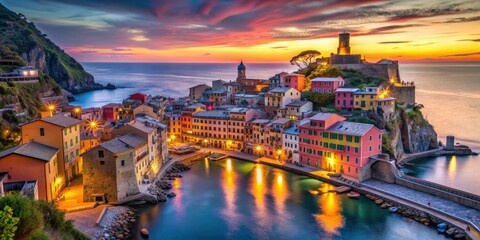 Naklejka premium Vernazza, Italy at sunset with colorful sky and street lights , Vernazza, Cinque Terre, Italy, Mediterranean, sea town