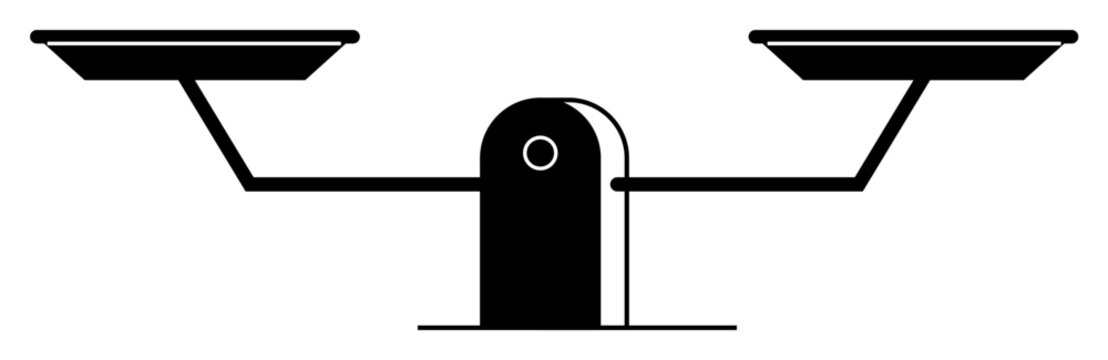 A minimalist balance scale with two pans in black and white. Ideal for themes of fairness, justice, equality, law, and decision-making. Simple silhouette style.