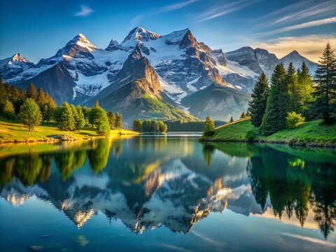 Snow-capped mountain peaks glisten in the morning light, reflecting off the serene surface of a tranquil alpine lake